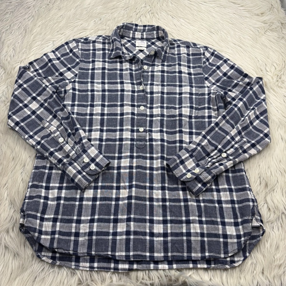 J.Crew Women's S Navy Plaid Boy Fit Pop Over Shirt Cabincore Granola Girl Preppy